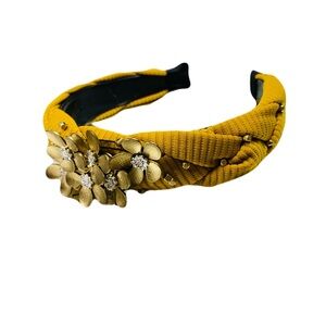 MUSTARD YELLOW PADDED HEADBAND WITH GOLD-TONE METAL FLOWERS & RHINESTONES